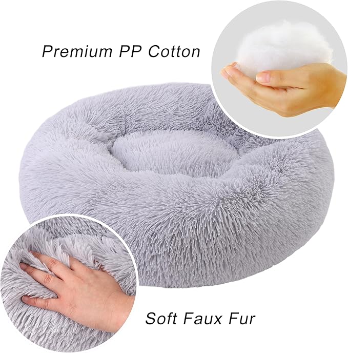 Calming Dog Bed, Dog Beds Fits up to 40 lbs Pets, Fluffy Donut Dog & Cat Bed Washable, Round Anti Anxiety Dog Bed, Small Dog Bed with Non-Slip Bottom (Light Grey, 28" x 28")