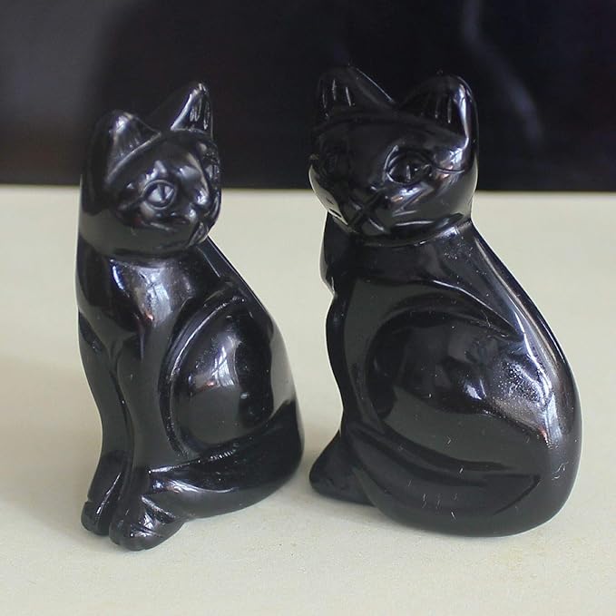 2‘’ Hand Carved Mixed Gemstone Crystal cat Animal Figurine Animal Carving (Black Obsidian)