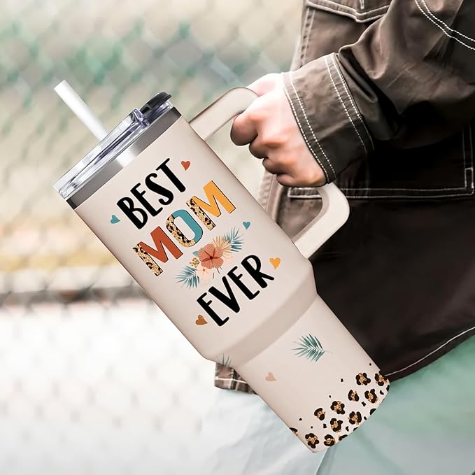 Best Mom Ever Gifts - Christmas Gifts For Mom From Daughter, Son - Birthday, Mothers Day, Christmas Presents For Mama - New Moms Gift For Women - 40oz Tumbler With Handle Straw