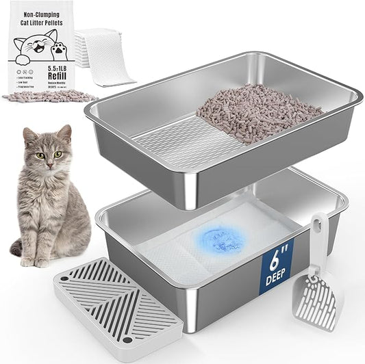 19.7''x13.8''x6'' Stainless Steel Litter Box for Kittens, Sifting Litter Box for Pine Pellets, Metal Cat Litter Box Sifting Pan with Litter Scoop & Footboard, Low Dust, Odor Control & Easy Cleaning
