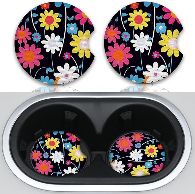 2pcs Colorful Flowers Car Cup Holder Coasters,Universal Non Slip Car Accessories,Cute Car Coasters with Finger Notch,Car Decoration Gifts, Accessory for Women&Men