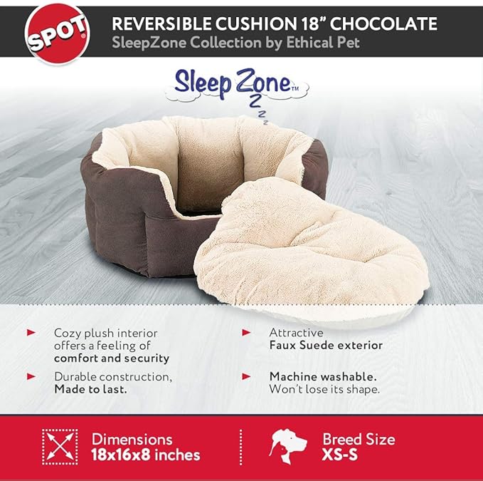 SPOT Sleep Zone Small Pet Bed - High Wall, Reversible Cushion Bed for Indoor Cats & Small Dogs, Durable Faux Suede, Machine Washable for Pets Under 10lbs and 15 inches Long - 18x16in, Chocolate Brown
