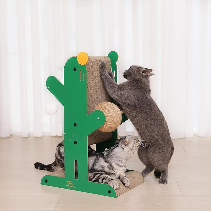 Cat Scratching Post, 4-in-1 Cat Scratcher and Cardboard Scratching Post with Toys and Plush Ball for Indoor Outdoor Cats,Protecting Furniture with Catnip, Large