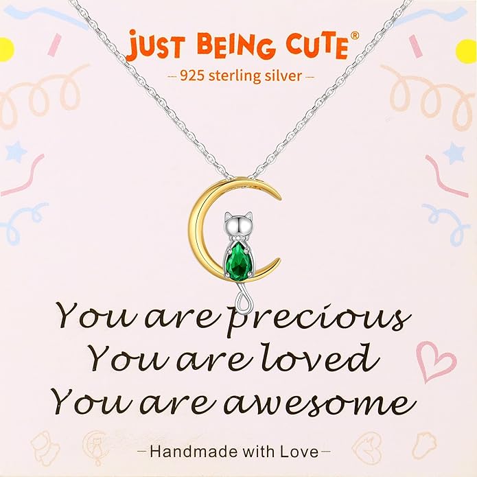 Birthstone Necklace for Women Girls, Cat Necklaces 925 Sterling Silver Teardrop Pendant 18K Gold-Plated Birthstone Jewelry Gifts for Birthday Easter