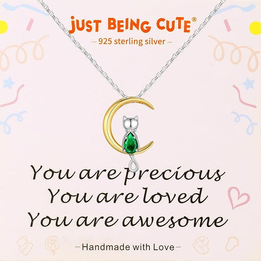 Birthstone Necklace for Women Girls, Cat Necklaces 925 Sterling Silver Teardrop Pendant 18K Gold-Plated Birthstone Jewelry Gifts for Birthday Easter