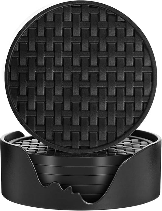 Black Silicone Drink Coaster Set of 6 with Holder, 4 Inches Decorative Coasters, Heat Resistant & Waterproof for Home, Kitchen Non-Slip Cup Mat for Bar, Coffee, Beer