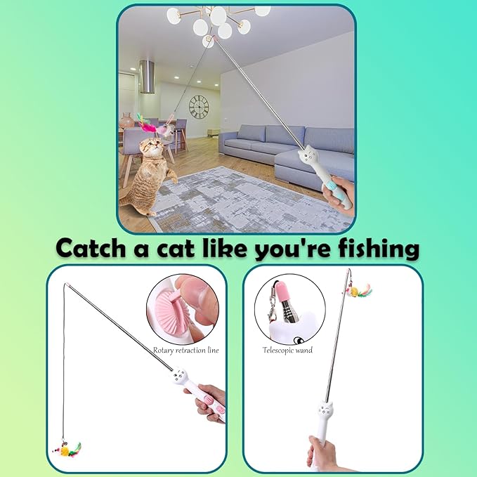 Cat Toys for Indoor Cats Retractable Cat Wand, with Feather & Mice, 3-in-1 Laser Pointer Interactive Cat Toy, 5 Modes, Kitten Toy for Indoor Cat and Dog (Green)