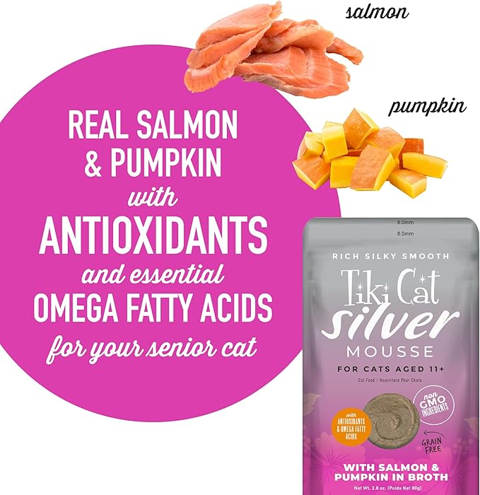 Tiki Cat Silver Mousse, with Salmon & Pumpkin in Broth, Silky Smooth Nutrient Rich Formulated for Older Cats Aged 11+, 2.9 oz. Pouch (Pack of 12)
