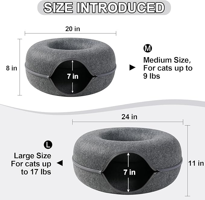 Cat Tunnel,Peekaboo Cat Cave Bed for Indoor Cats,Cat Donut Tunnel for Pet Cat House,Detachable Round Cat Felt & Washable Interior Cat Play Tunnel (20 Inch, Dark Grey)