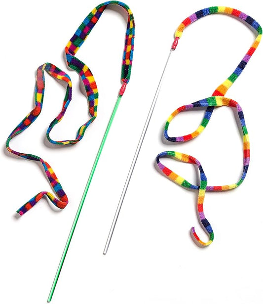 CAT DANCER Products Cat Charmer Interactive Cat Toy, Safe Teaser Wand, Colorful Fabric Ribbon Safe Flexible Exercise Toy, 2-Pack, Multi-Color, Pattens Vary