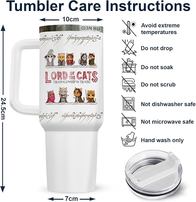 34HD Cute Cat Tumbler with Handle & Straw, 40z Stainless Steel Vacuum Insulated Lord Of The Cats Coffee Mug, Cat Gifts for Men Women Birthday Mothers Day Christmas