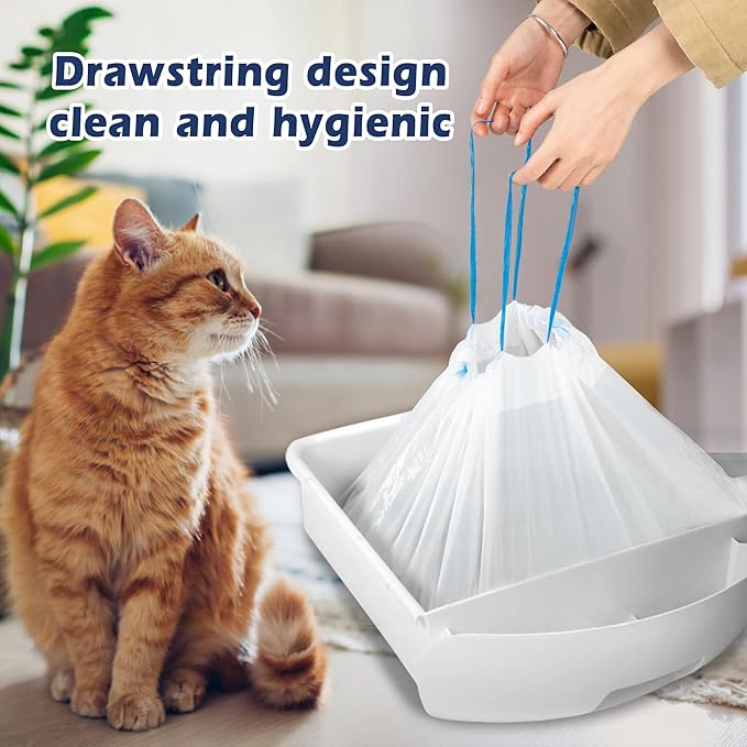 60 Count Cat Litter Box Liners Bag Large, Jumbo Drawstring Extra Durable Pet Cat Pan Liners Extra-Thick Kitty Leakproof Design Cat Litter Bags for Automatic Cat Litter Box and Litter Robot