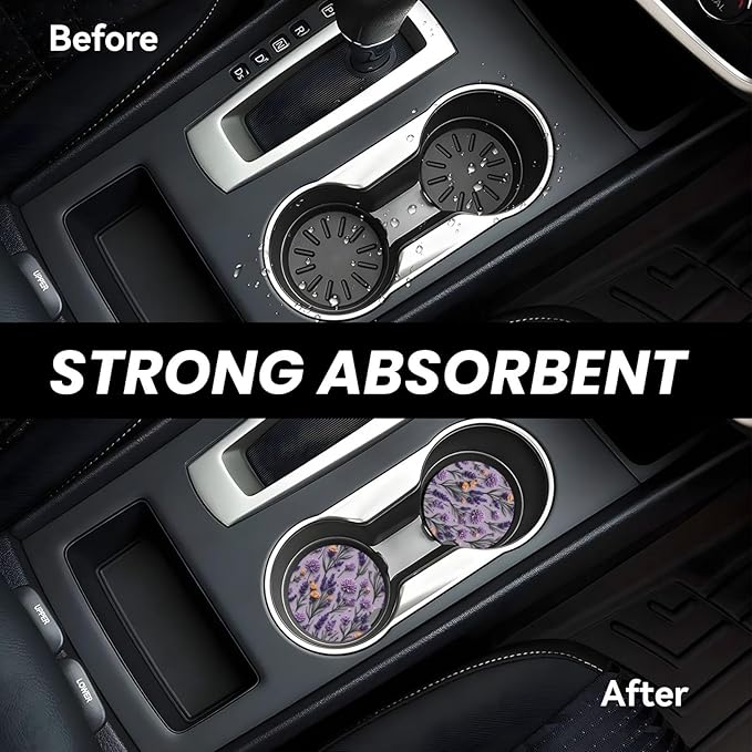 Absorbent Ceramic Car Coasters for Cup Holders, Purple Lavender Flower Design 2.56" Anti Slip Universal Drink Cup Coasters for Women Men (2 Pack)