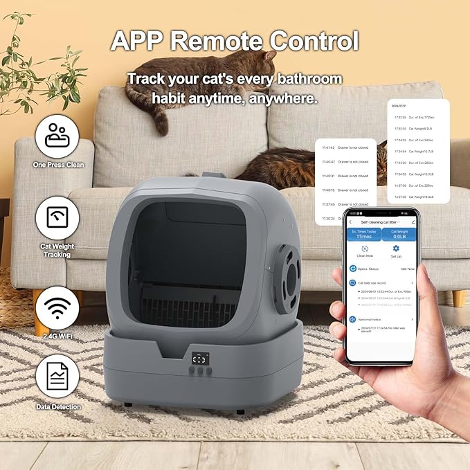 Automatic Cat Litter Box Self Cleaning - APP Control and Weight Monitoring - 86L Ultra-Quiet, Multi-Cat Litter Box - Smart Health Monitor, Safe Anti-Pinch, Self Cleaning Litter Box (Assembly Required)