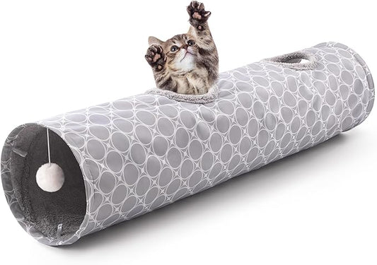Love’s Cabin Straight Cat Tunnel Tube Fleece-Lined in for Warmth, Cat Tunnels for Indoor Cats Collapsible with Balls, for Rabbits, Kittens, Puppy, Geometric Cat Toys Large Diameter 11 Inch Grey
