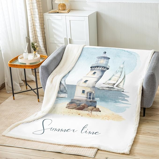 Nautical Sherpa Sailboat Lighthouse Ocean Themed Throw Blanket for Travel, Summer Beach Fleece Decoratives Sea Adventure Bedroom Decor, Luxury White Light Blue