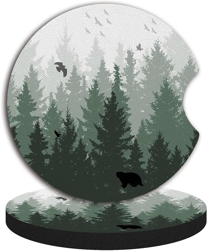 Car Coasters for Cup Holders,Cute Car Interior Accessories for Women Men,2.75" 2pcs Cup Holder Coasters for Car,Anti Slip Rubber Car Cup Mat with A Finger Notch(Forest)