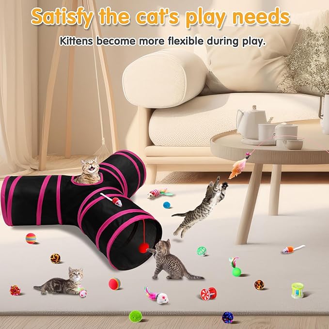 Poen 22pcs Cat Toys Kitten Toys Set with 2 Collapsible Cat Tunnel Toy and 20 Interactive Kitty Toys Cat Feather Toy, Fluffy Mouse, Crinkle Balls, for Cat Kitten Puppy (Rose Red, Black)
