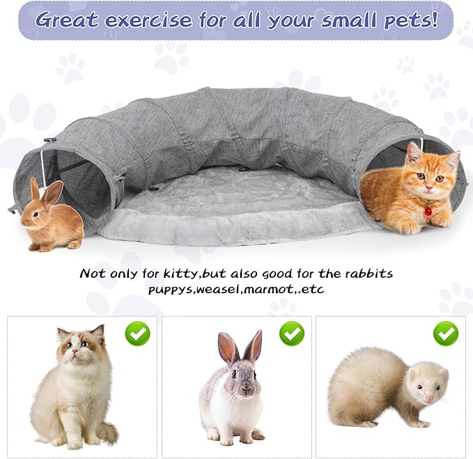 Cat Tunnel, Collapsible Cat Tunnel Bed Sturdy Oxford Fabric for Indoor Cats,Interactive Hanging Ball Pet Tunnel Tube with Cat Teaser Stick (Grey)