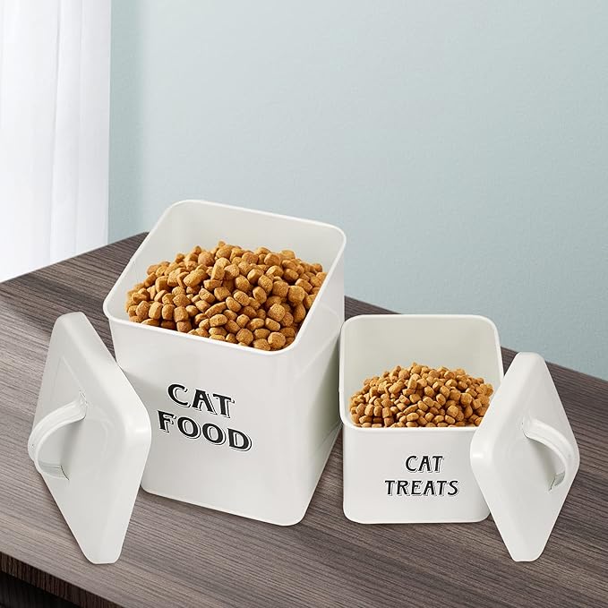 Pethiy Cat Food and Treats Containers Set with Scoop for Cats-Vintage Cream Powder-Coated Carbon Steel-Tight Fitting Lids-Storage Canister Tins-catfood-white
