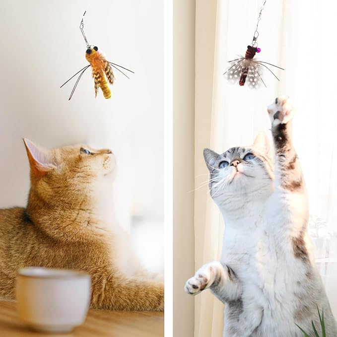 SONGWAY Insect Cat Toys with Feather - 6 Pieces Cat Feather Toy Refills, Cat Toy Wand Attachments, Cat Insect Toy, Wool Cat Toys, Interactive Cat Toys for Indoor Cats