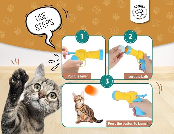 Interactive Cat Toys for Indoor Cats Includes 2 Cat Toy Gun + 100 Cat Pom Pom Balls + 3 Extra Balls | Cat Ball Launcher Giving Your Cat Fun and Exercise