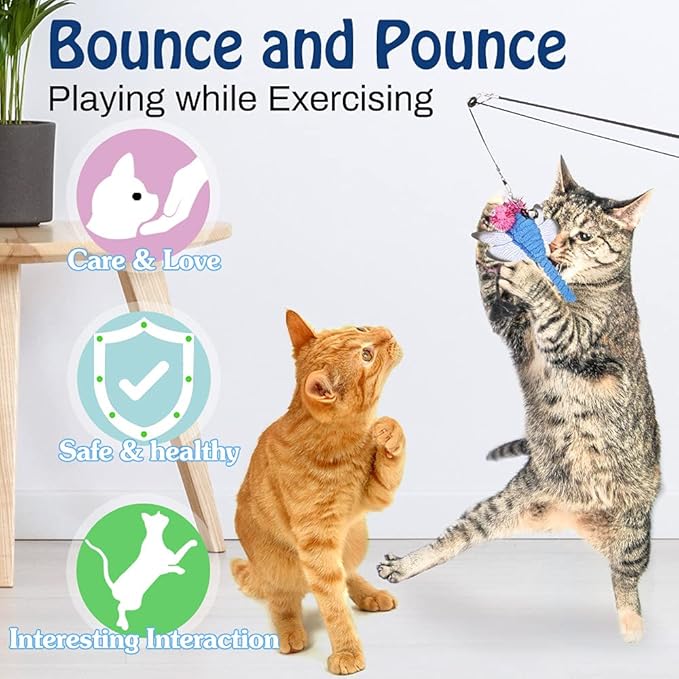 Pawaboo Cat Feather Toys, 4 Pack Interactive Cat feather Teaser Wand Toys, Retractable Fishing Pole Wand Catcher Exerciser with Refill Fish, Dragonfly Worm with Bells, Fun Cat Kitten Kitty Playing Toy