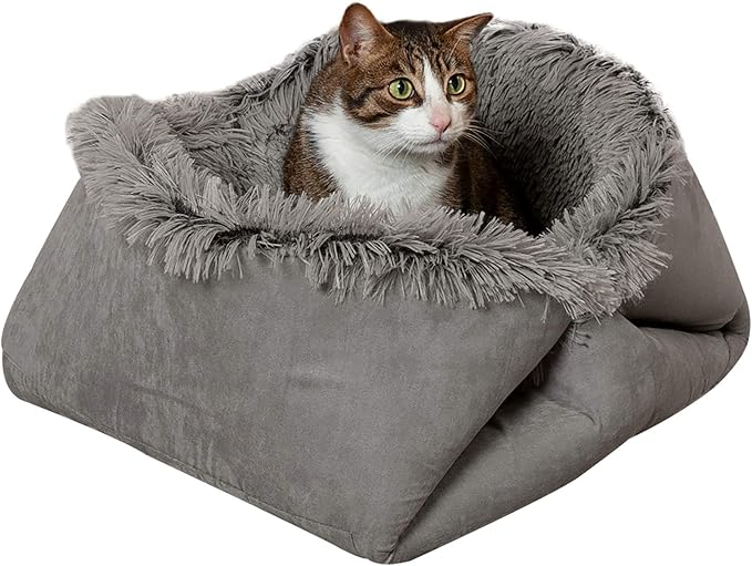Furhaven Self-Warming Cat Bed for Indoor Cats, 4-Beds-in-1 & Washable - Plush Long Faux Fur Convertible Cuddler - Gray, Large, 35.5"L x 30.0"W x 0.5"Th