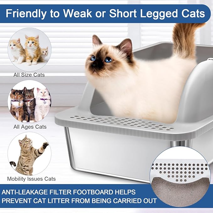 2 Pack Extra Large Stainless Steel Cat Litter Boxes, High Sides Metal Cat Litter Box for Multi-Cats Big Cats XL Metal Litter Pan Tray, Non-Sticky, Easy Cleaning（Gray）