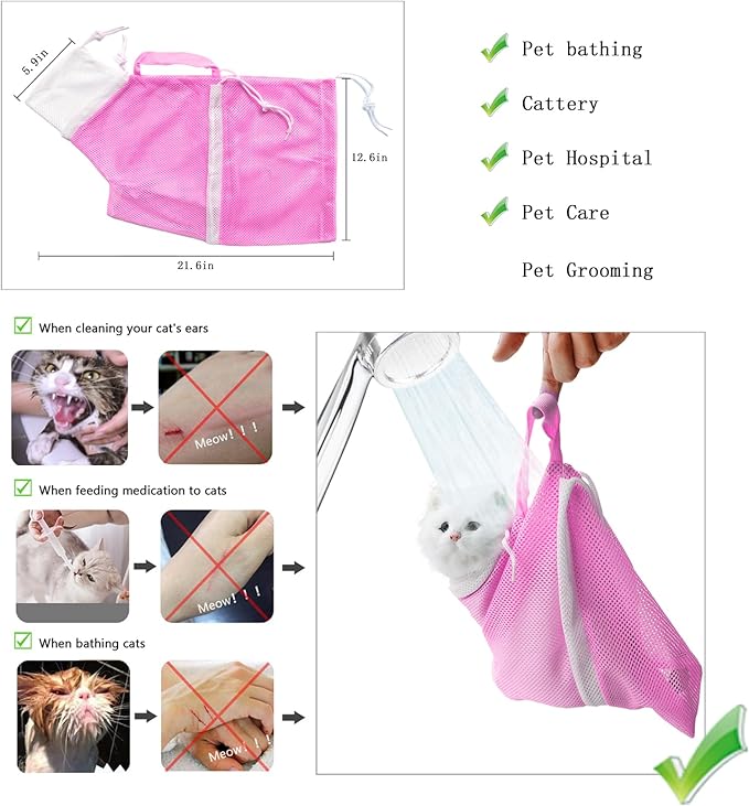 Anti-Scratch Silicone cat Shoes,Cat Claw Covers,Adjustable Multifunctional Anti-Bite Shower net Bag，Cat Grooming Mesh Bag, Pet Medical Shoes,Cat Bathing Bag (Pink)