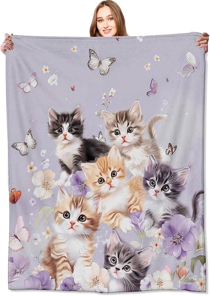 Adorable Kitten Blanket Cute Cat and Butterfly on Lavender Throw Blankets Gifts for Girls Women Adults Lightweight Soft Fleece Cozy for Sofa Couch Bed Room Travel Birthday Decor 60x80in
