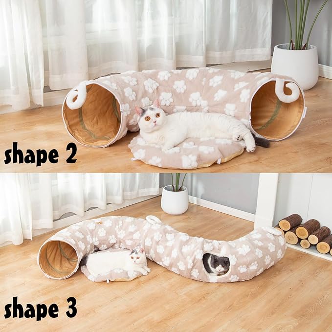LUCKITTY Cat Tunnel Bed for Indoor Cats - Round Cat Tunnel Bed Donut Small Dog Bed Calming Pet Beds, Cute Modern Beds with Jacquard Shaggy Plush & Anti Slip Bottom, Khaki