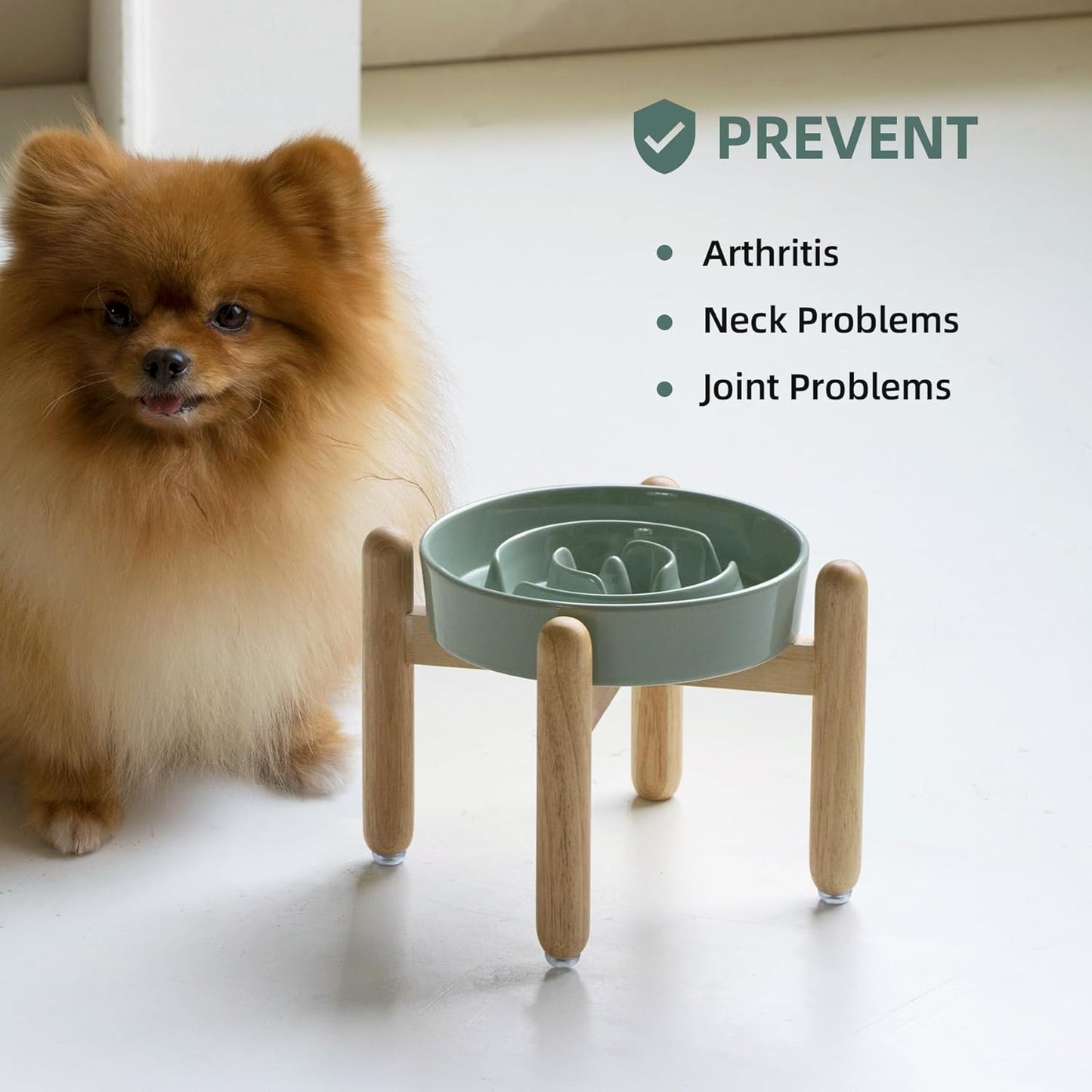 7.3inch Ceramic Raised Slow Feeder Dog Bowl Set, Elevated Wooden Stand for Medium and Small Dog, Puzzle Slow Dish, Preventing Choking(Light Green, Single Bowl+ Stand)
