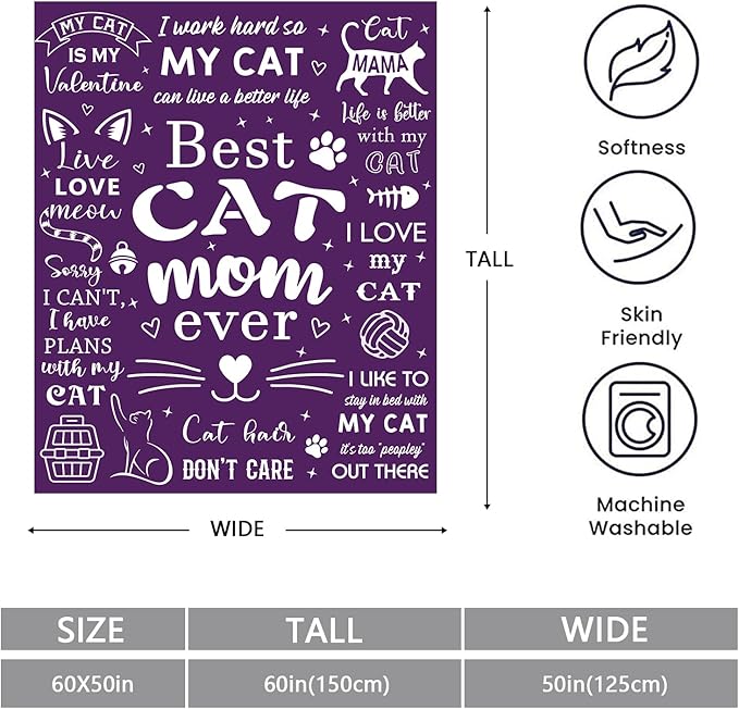Mosslink Cat Mom Blanket 60"x50", Cat Lover Gifts for Women, Cat Gifts for Cat Lovers, Cat Mom Gifts for Women Birthday, Best Cat Mom Ever Blankets, Christmas Mothers Day Cat Gifts for Cat Mom