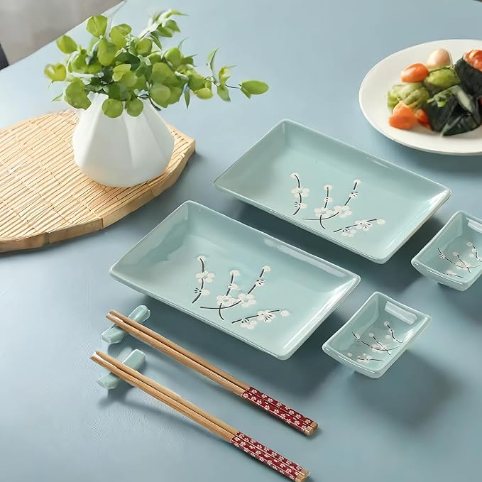8 pcs Japanese Sushi Plate Sets Serving Platters and Trays for Entertaining Sushi Dishes Set Plates Sushi Plates Traditional Cuisine Dinnerware Sets with Chopsticks Blue Plum