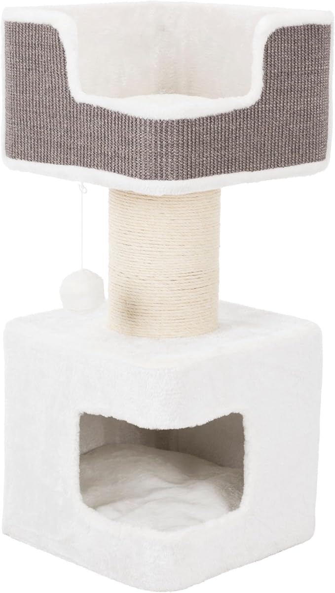 TRIXIE 33.9-in Ava XXL Cat Tree with Thick Scratching Post, Cat Condo, Cozy Top Platform with Removable Cushion, Dangling Cat Toy, Gray/White