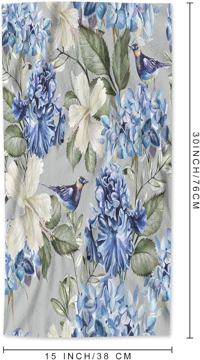 AOYEGO Blue Flower Hand Towels Green Leaf Spring Plant Flowers Hydrangea Hibiscus Iris Towel Highly Absorbent Soft Towel Kitchen Bath Decor for Women Men 15x30 Inch