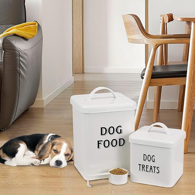 Pethiy Dog Food and Treats Containers Set with Scoop for Dogs-Vintage White Powder-Coated Carbon Steel - Tight Fitting Lids - Storage Canister Tins Small-White