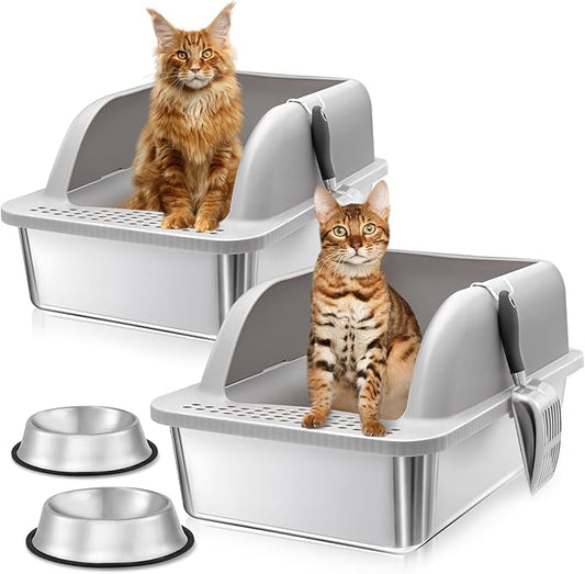 2 Pack Extra Large Stainless Steel Cat Litter Boxes, High Sides Metal Cat Litter Box for Multi-Cats Big Cats XL Metal Litter Pan Tray, Non-Sticky, Easy Cleaning（Gray）