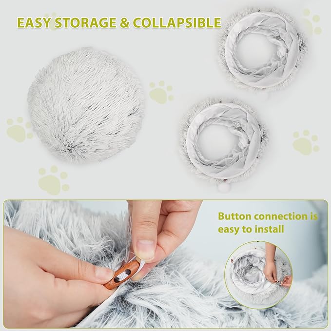 KOMUSMO Cat Tunnel Bed with Central Mat and Hanging Ball Toy, Large Cat Cave Donut for Indoor Cats, Soft Plush Fluffy Peekaboo Cat Bed Cave Collapsible for Small Medium Large Cats Kittens