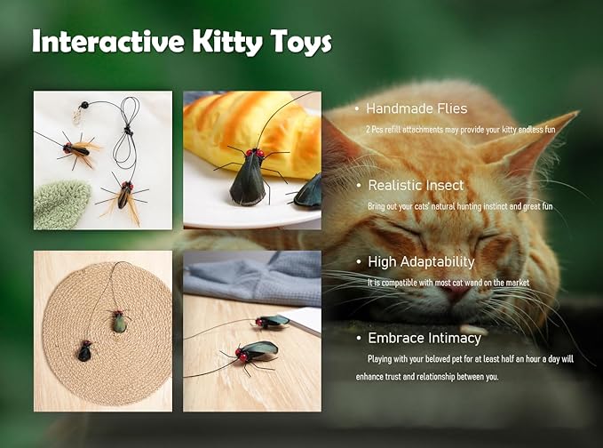 Cat Insect Feather Toys Replacement - 2 Pcs Handmade Natural Flies - Cat Toy Wand Refills - Interactive Kitten Teaser Wand Attachments - Cat Toys for Indoor Cats Play