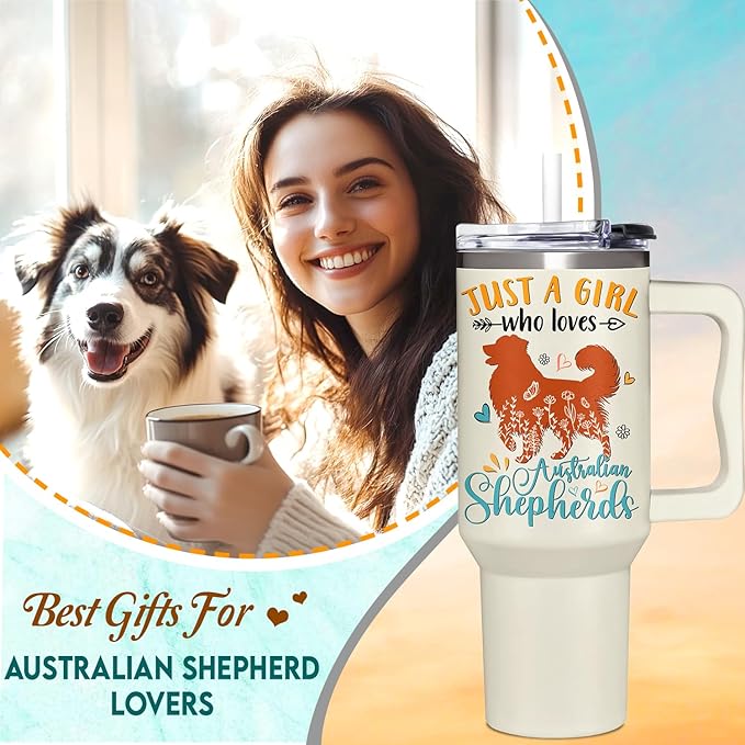 Australian Shepherd Gifts for Girls & Women, Christmas and Mother's Day Gifts for Australian Shepherd Lovers, Birthday Present Idea for Dog Owners, Dog Mom 40oz Tumbler with Handle & Straw