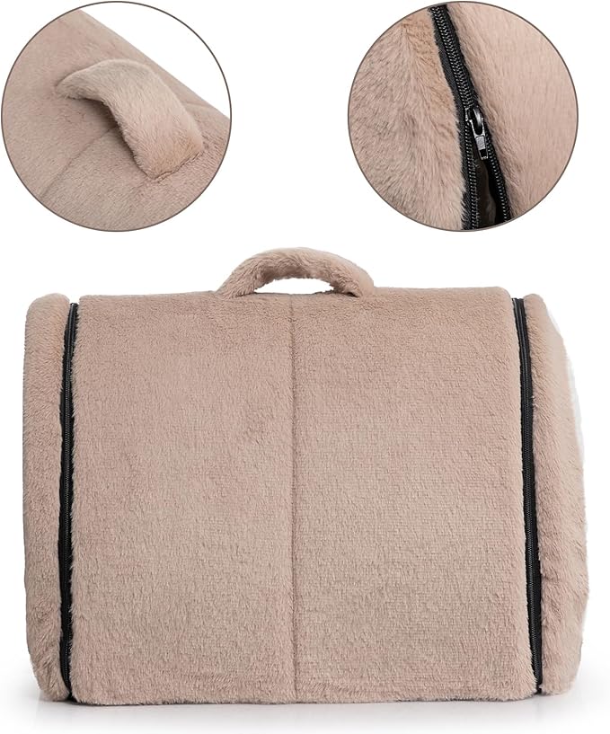 Hollypet Fluffy Cat Bed, 2 in 1 Foldable Cave House Animal Shaped Nest Pet Sleeping Bed, Light Brown