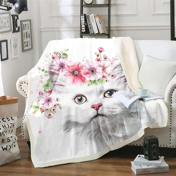Cute Cat Plush Blanket White Pet Cat Fleece Throw Blanket Colorful Flowers Cartoon Cat Sherpa Blanket for Sofa Couch Bed 3D Animal Theme Cat Lovers Fuzzy Blanket Room Decor King 87x95 Inch