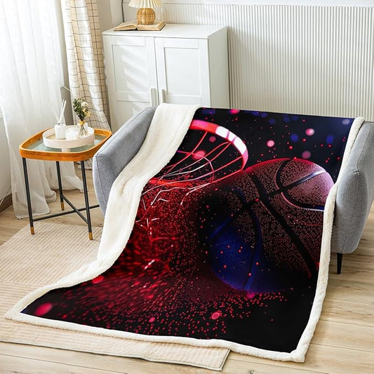 Basketball Court Sherpa Blanket 3D Basketball Fleece Throw Blanket for Sofa Couch Bed Decor Sports Theme Plush Blanket Colorful Glitter Fuzzy Blanket Queen 90x90 Inch