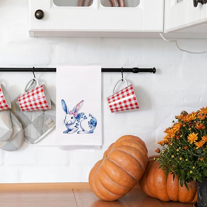 SPBL&L Easter Kitchen Towels, Blue and White Chinoiserie Floral Bunny Easter Hand Towels, Bunny Gifts Dish Towels for Kitchen, Easter Kitchen Bathroom Decor, Easter Bunny Decor, 16x24 Inches