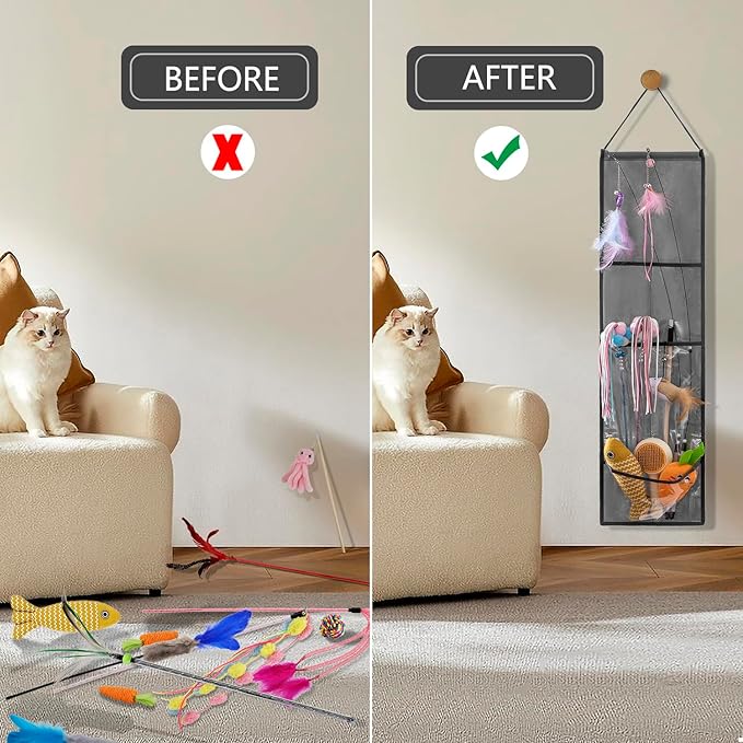 Hanging Cat Wand Holder Kitten Stick Toy Storage Bag Cat Accessories Organizer for Indoor Cats (Clear Pockets)
