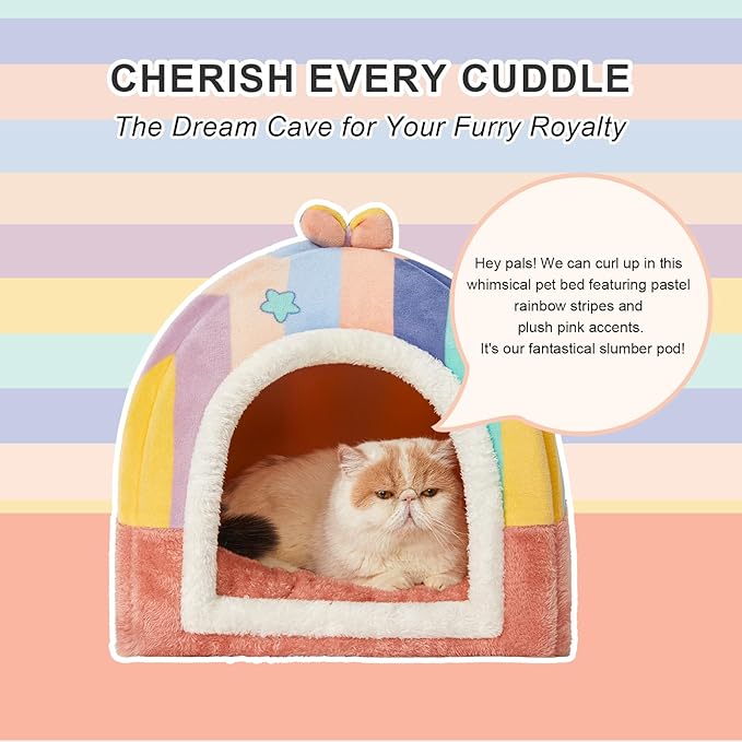 Jiupety Cat Beds for Indoor Cats, Cute Cat House for Cats and Puppy, Cat Cave Bed with Removable Cushion, Large Cat Bed Cat Hideaway Cat Tent, 2-in-1 Pink Cat Bed, M(17" × 17" × 17"), Rainbow.