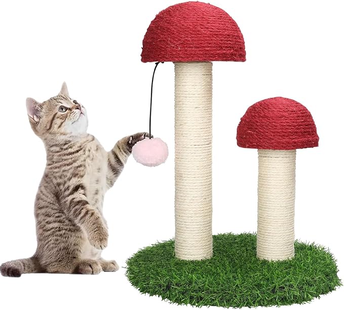 Mushroom Cat Scratching Post, Natural Durable Sisal Scratching Post, Mushroom Scrather Featuring with Sisal Caps Scratch Pole and Interactive Toy Ball, Mushroom Cat Post for Kittens and Small Cats