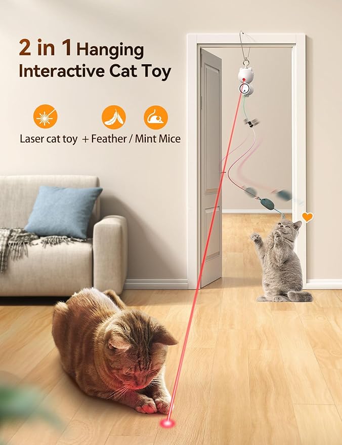 Interactive Cat Toys LED Light Hanging Cat Toys for Indoor Cats, Cat Wand Toy Cat Feather Toy, Feather & Mouse Cat Toys for Bored Adult Cats Kitten Exercise, White